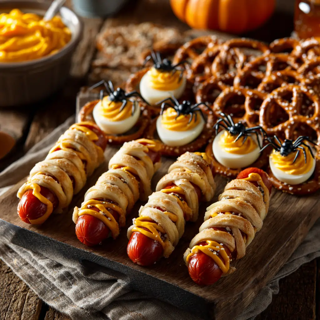 alibounaf A wooden table set with Halloween appetizers mummy ho 1aa612be e6e8 4020 8557 c3d43dff79ba